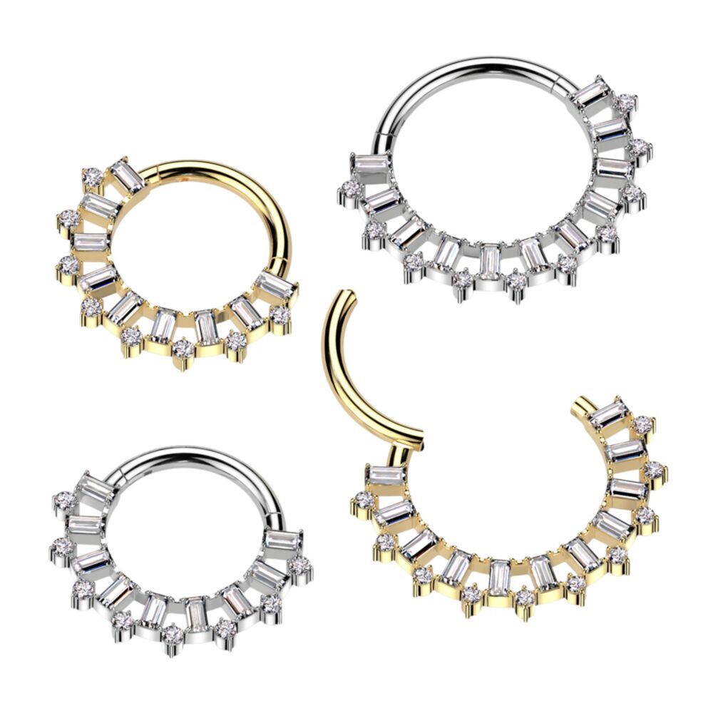 Implant Grade Titanium Hinged Segment Hoop Ring With Forward Facing Baguette CZ Fan and Round CZ Edge