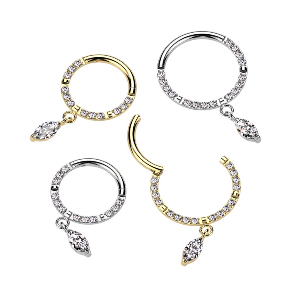 Implant Grade Titanium Hinged Segment Hoop Ring With Forward Facing CNC Set CZ and Marquise CZ Dangle