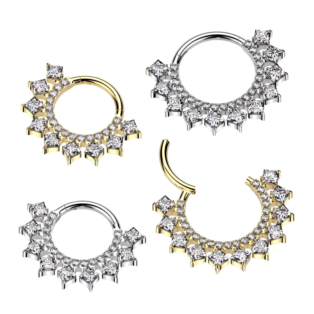 Implant Grade Titanium Hinged Segment Hoop Ring With Forward Facing CNC Set CZ and Prong Set Square CZ