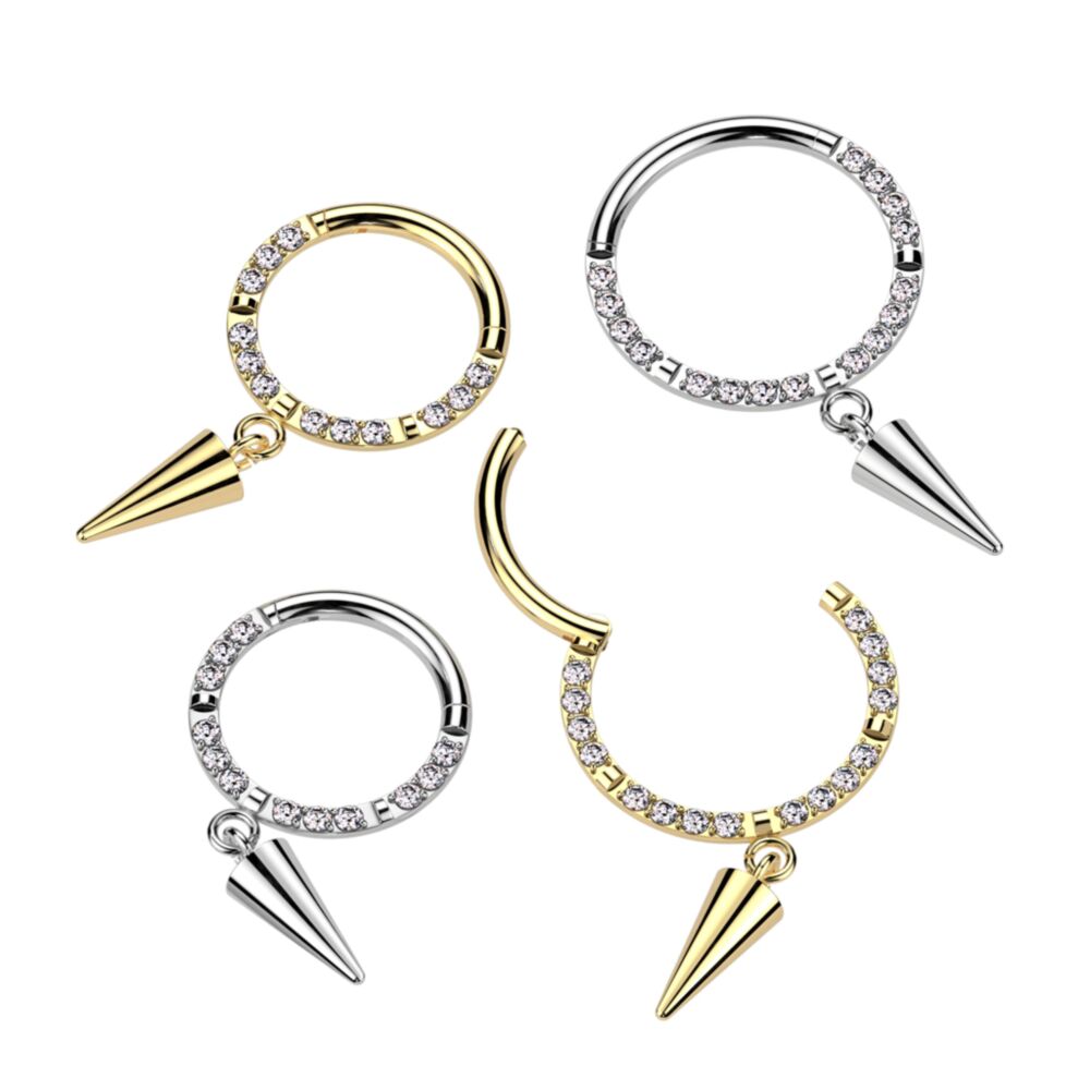 Implant Grade Titanium Hinged Segment Hoop Ring With Forward Facing CNC Set CZ and Spike Dangle