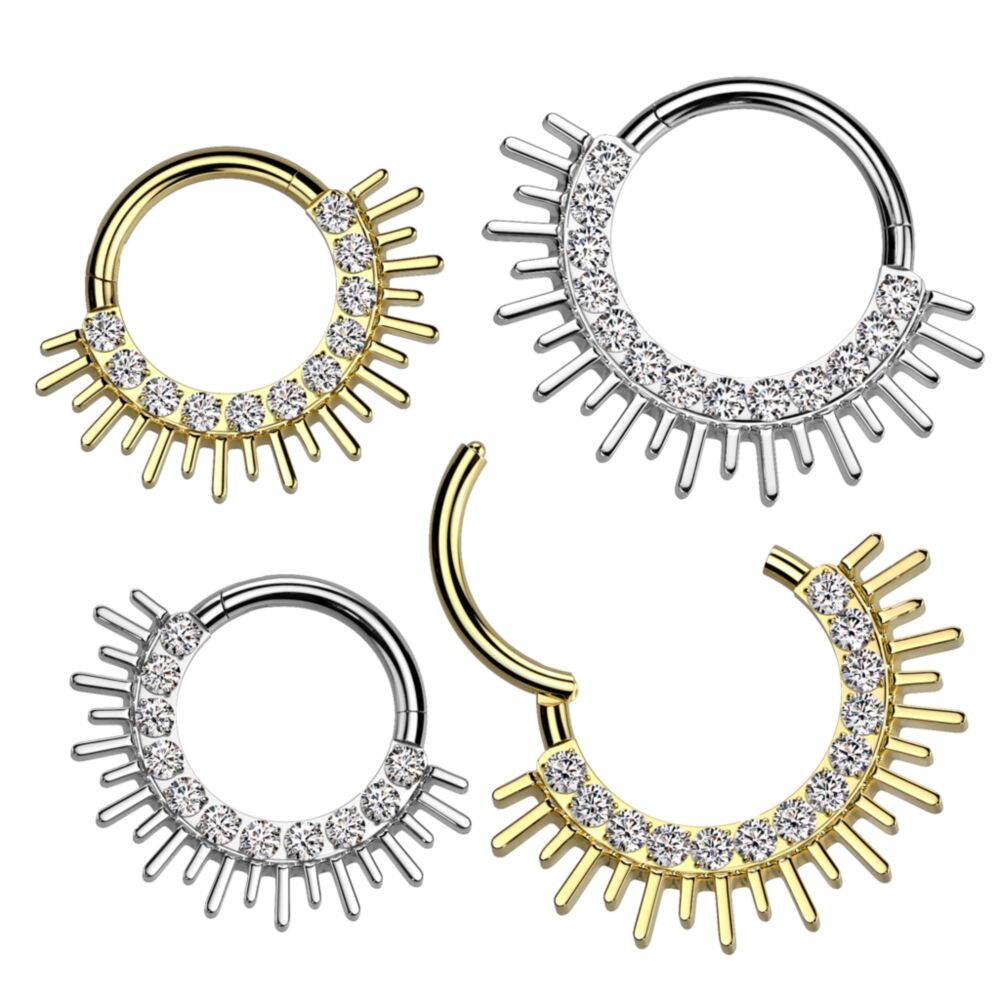 Implant Grade Titanium Hinged Segment Hoop Ring With Forward Facing CZ Pave and Spiked Edge Fan