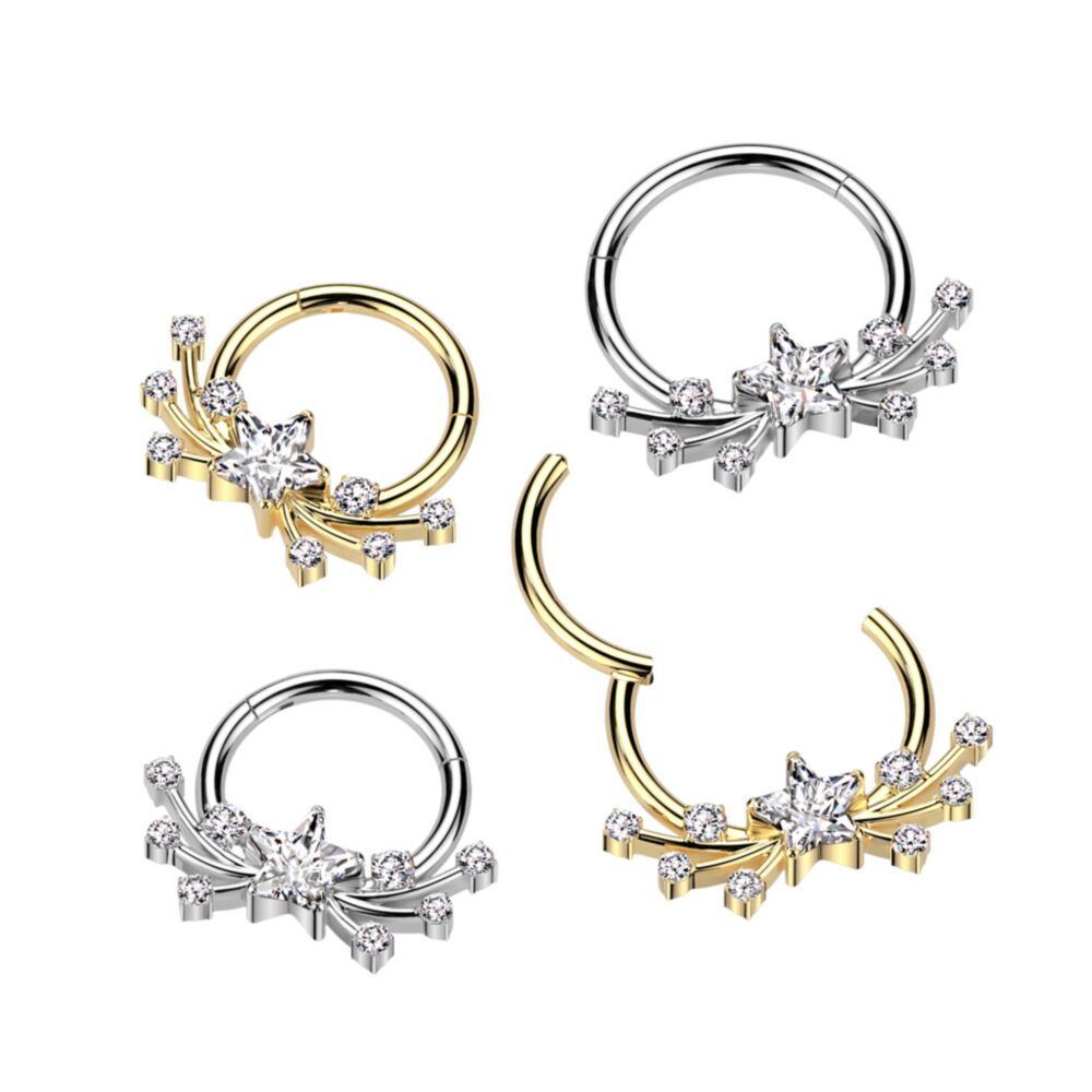 Implant Grade Titanium Hinged Segment Hoop Ring With Forward Facing CZ Star Center and Shooting Stars