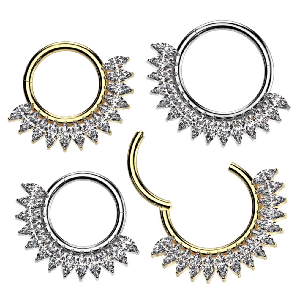Implant Grade Titanium Hinged Segment Hoop Ring With Forward Facing Half Circle Marquise CZ Fan