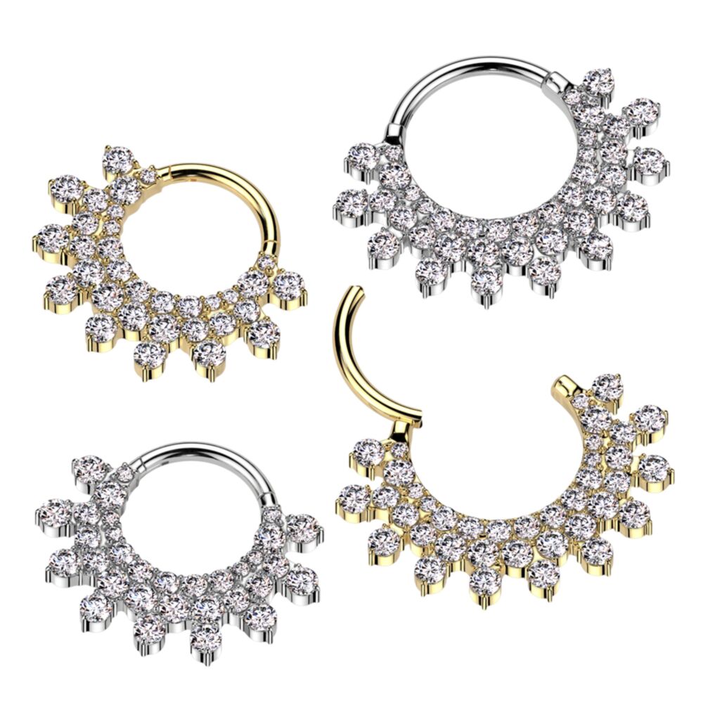 Implant Grade Titanium Hinged Segment Hoop Ring With Forward Facing Pave CZ Fan