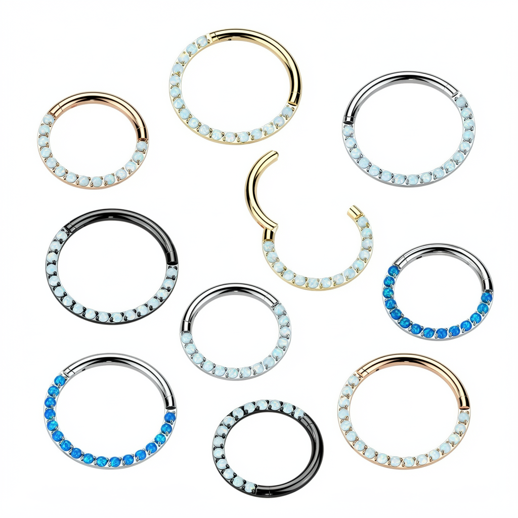 Implant Grade Titanium Hinged Segment Hoop Ring With Forward Facing Pave Opal Front