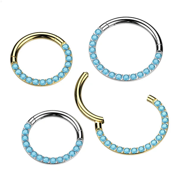 Implant Grade Titanium Hinged Segment Hoop Ring With Forward Facing Pave Turquoise