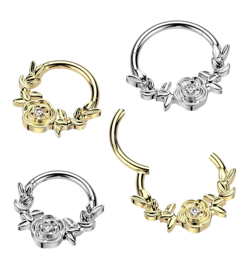 Implant Grade Titanium Hinged Segment Hoop Ring With Forward Facing Rose and Vines