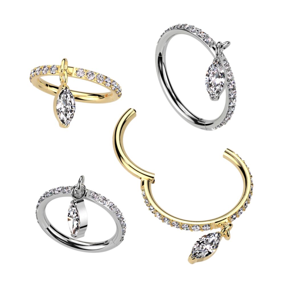 Implant Grade Titanium Hinged Segment Hoop Ring With Front Facing CNC Set CZ and Marquise CZ Dangle