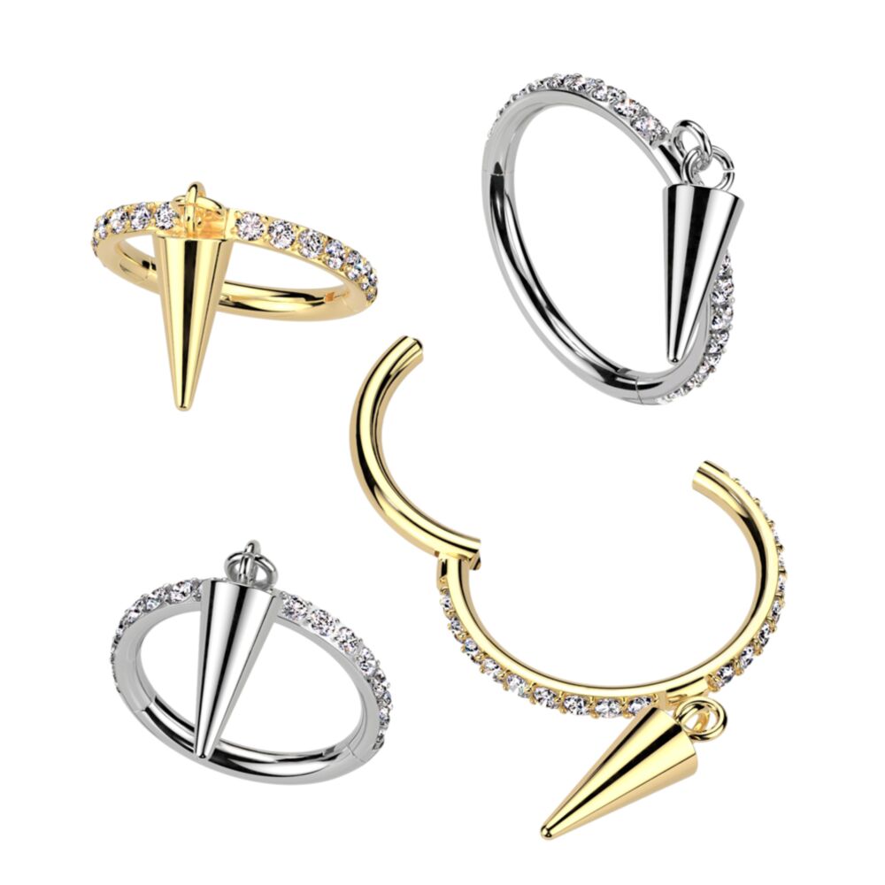 Implant Grade Titanium Hinged Segment Hoop Ring With Front Facing CNC Set CZ and Spike Dangle