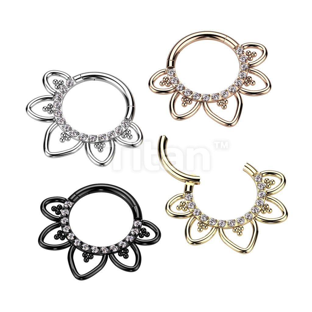 Implant Grade Titanium Hinged Segment Hoop Ring With Front Facing CZ Pave Heart Filigree