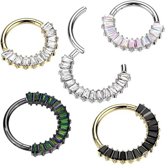 Implant Grade Titanium Hinged Segment Hoop Ring With Front Facing Pave Baguette CZ