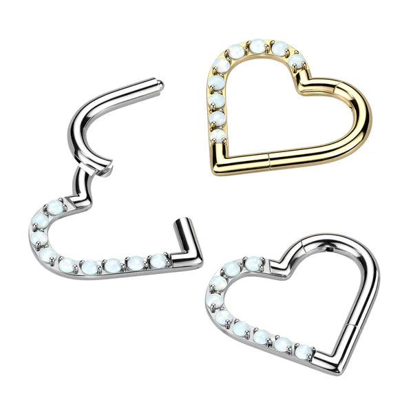 Implant Grade Titanium Hinged Segment Hoop Ring With Half Pave Opal Heart
