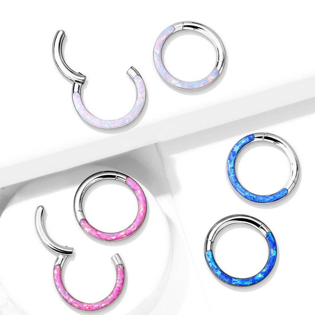 Implant Grade Titanium Hinged Segment Hoop Ring With Opal Lined Front