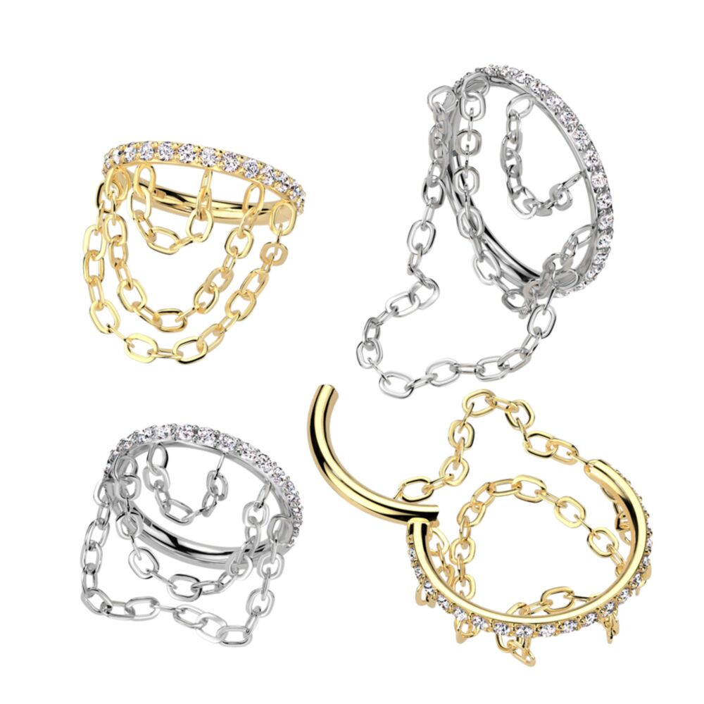 Implant Grade Titanium Hinged Segment Hoop Ring With Outward Facing CNC Set CZ and Triple Chain Link Dangle