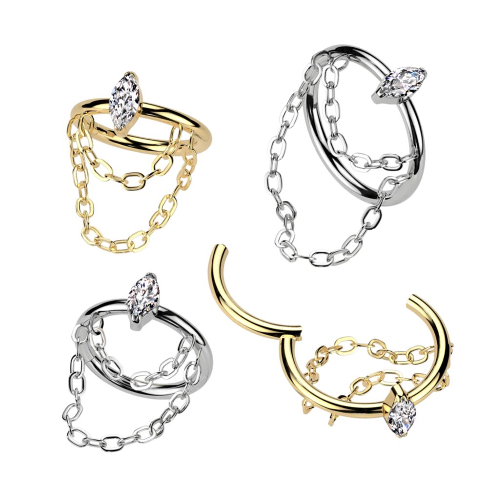 Implant Grade Titanium Hinged Segment Hoop Ring With Outward Facing Marquise CZ and Double Chain Dangle