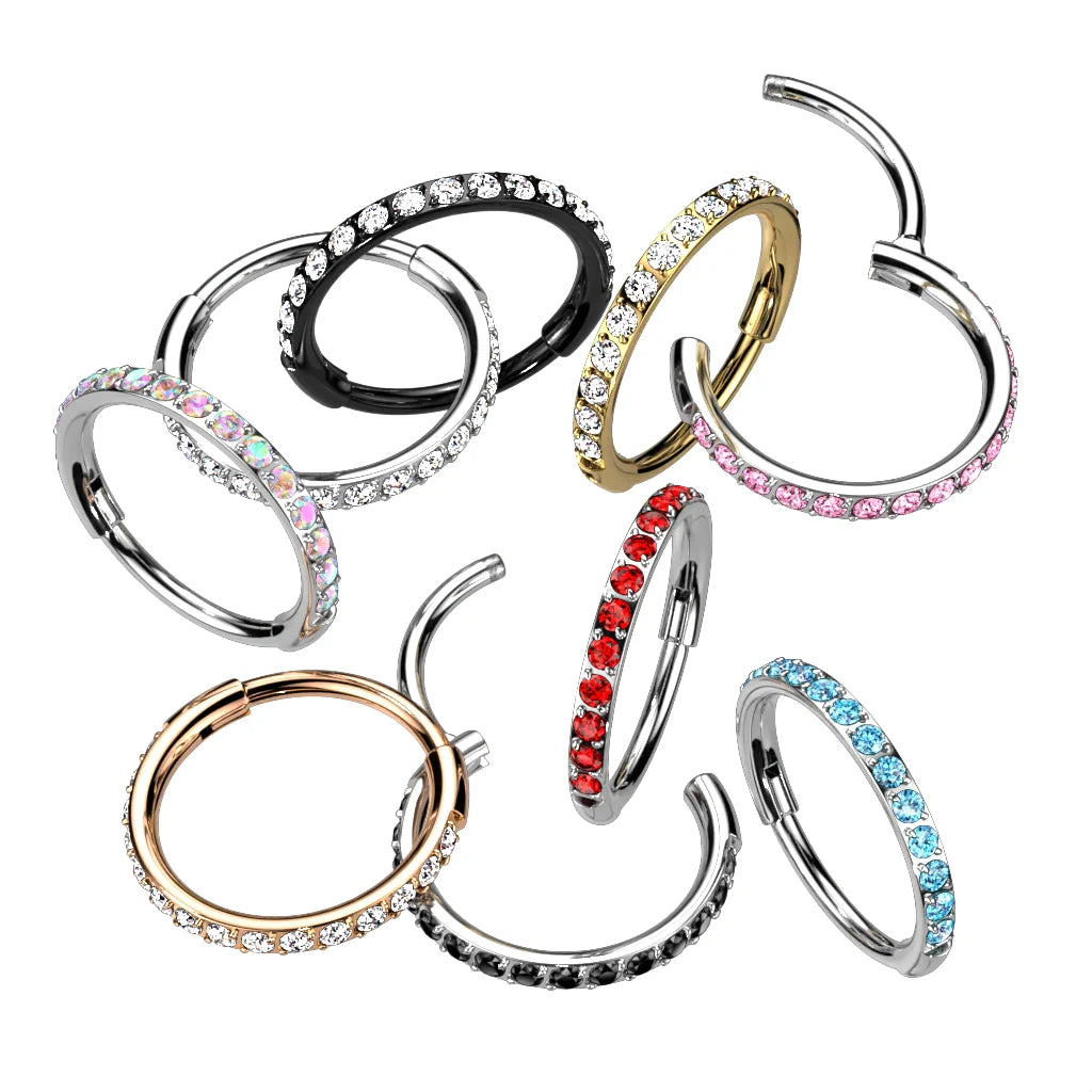 Implant Grade Titanium Hinged Segment Hoop Ring With Outward Facing Pave CZs for the Nose, Ear and More