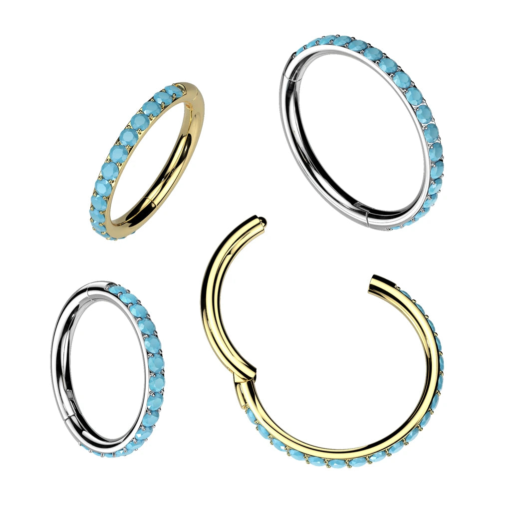 Implant Grade Titanium Hinged Segment Hoop Ring With Outward Facing Pave Turquoise