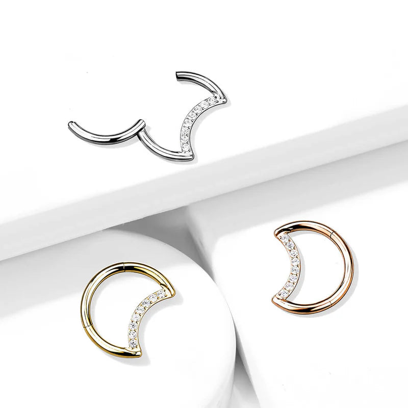 Implant Grade Titanium Hinged Segment Hoop Ring With Pave CZ Crescent Moon
