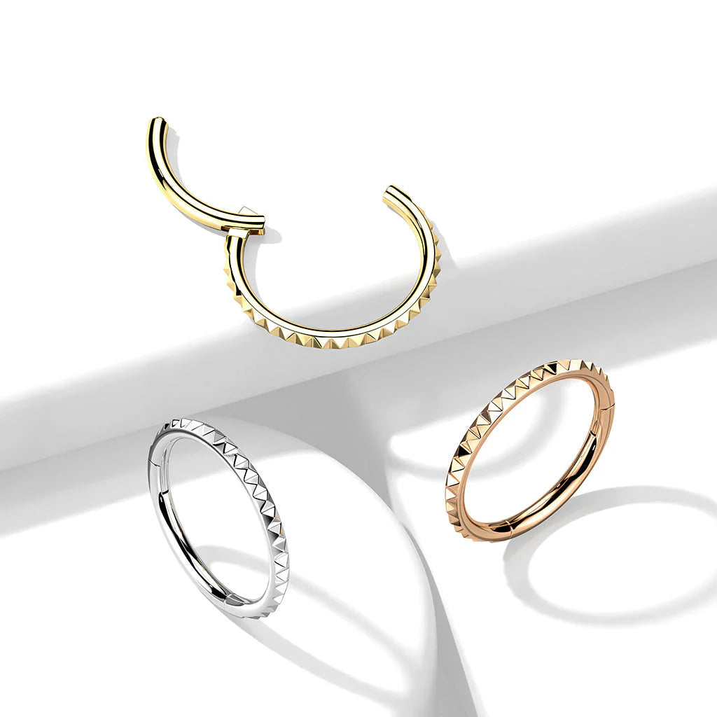 Implant Grade Titanium Hinged Segment Hoop Ring With Pyramid Cut Studded Outside