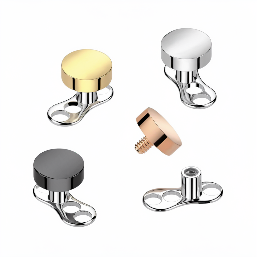 Implant Grade Titanium Internally Threaded 16 Gauge 3 Hole Dermal Anchors With 2mm Rise and Titanium Flat Round Top