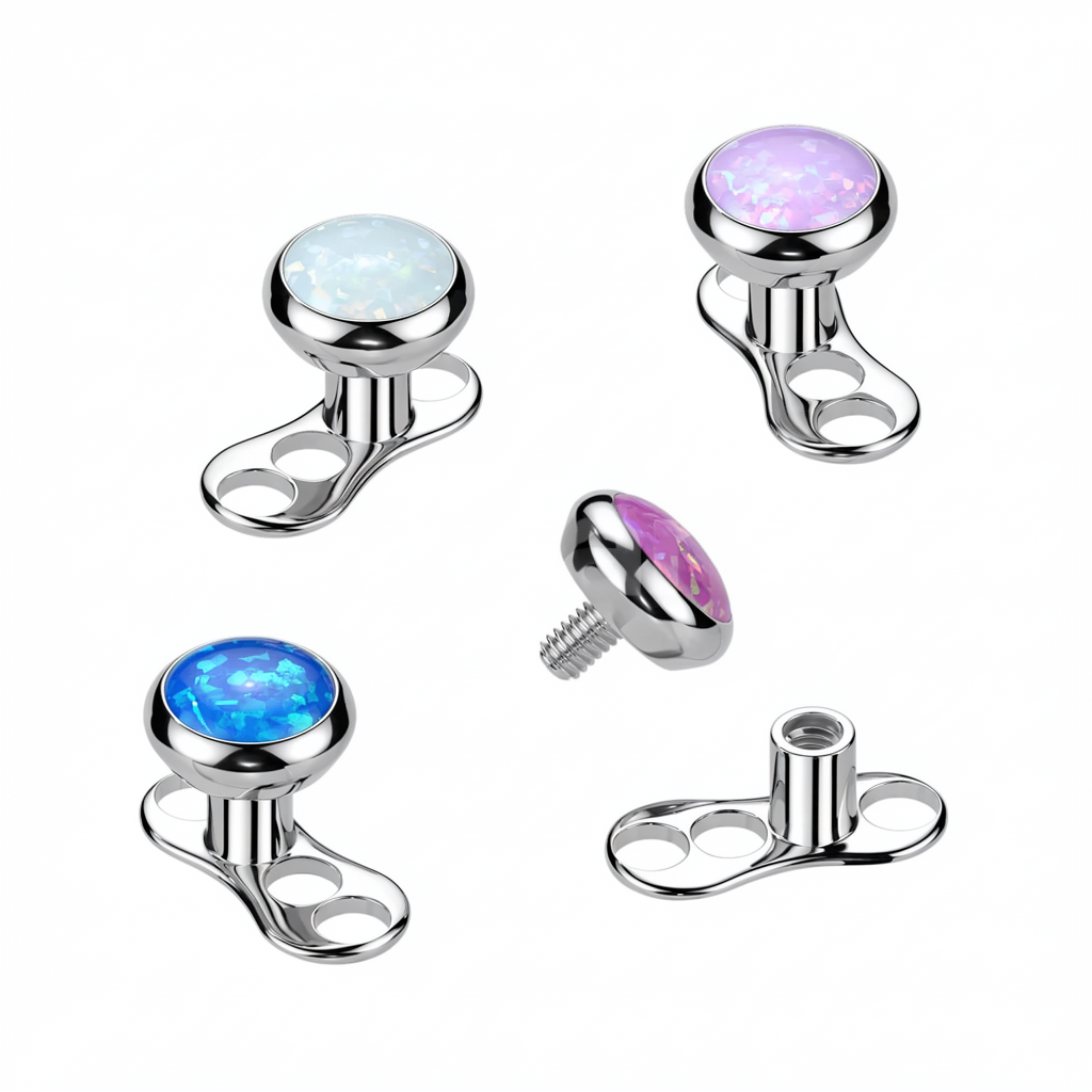 Implant Grade Titanium Internally Threaded 3 Hole Dermal Anchor With 2mm Rise and Titanium Flat Round Bezel Set Opal Top