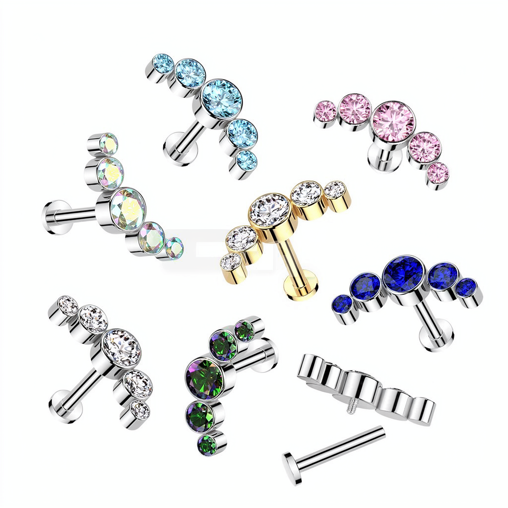 Implant Grade Titanium Internally Threaded 5 Round Bezel Set CZ Curve Top Flat Back Labret Studs