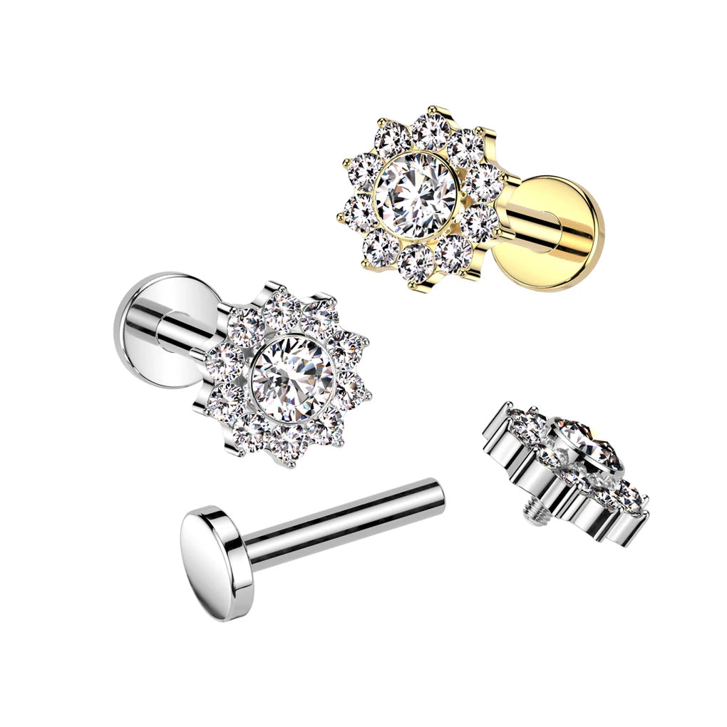 Implant Grade Titanium Internally Threaded Labret With CZ Pave Flower Top
