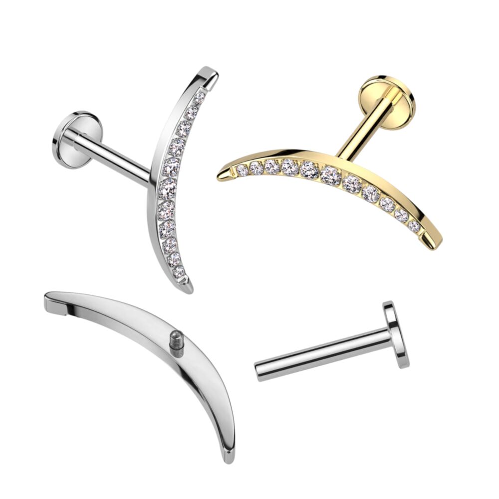 Implant Grade Titanium Internally Threaded Labret With CZ Pave Long Crescent Moon Top