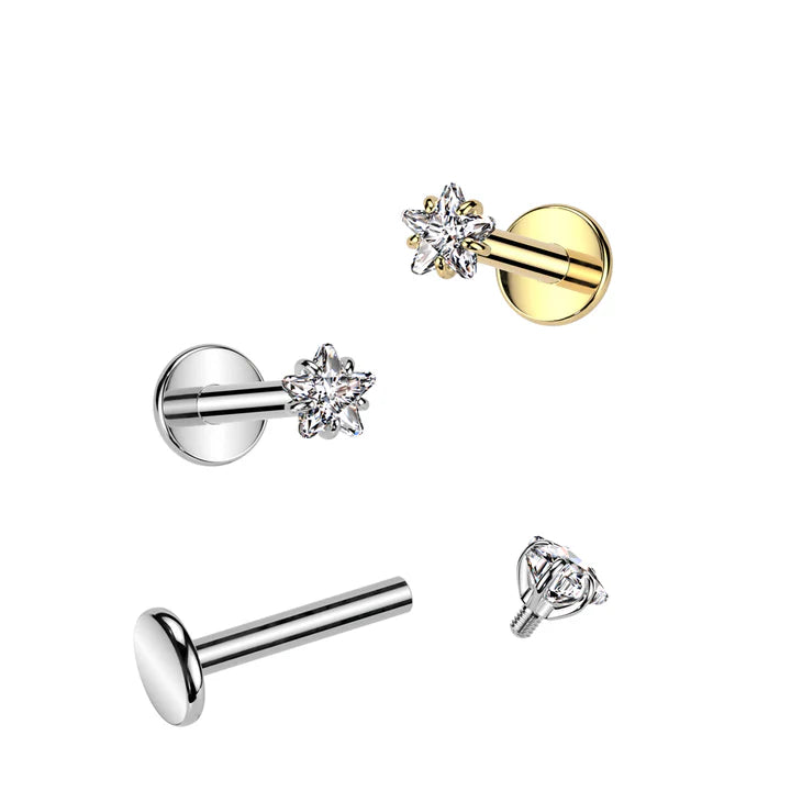 Implant Grade Titanium Internally Threaded Labret With Star Prong Set CZ Top