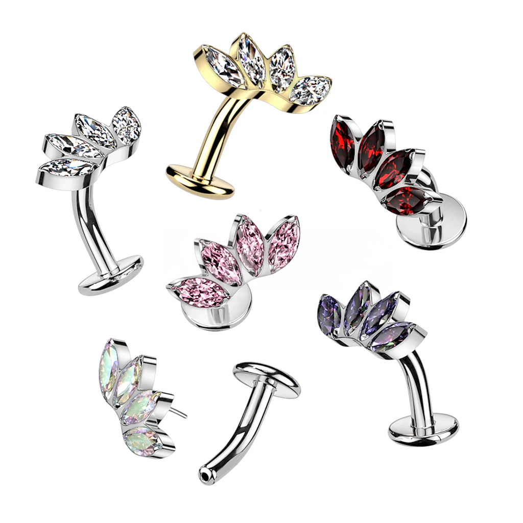 Implant Grade Titanium Threadless Floating Base Belly Button Ring With 4 Marquise CZ Fan Top
