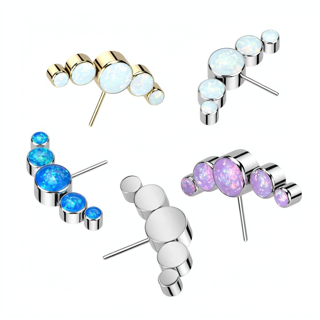 Implant Grade Titanium Threadless Push In 5 Round Bezel Set Opal Curved Forward Facing Top