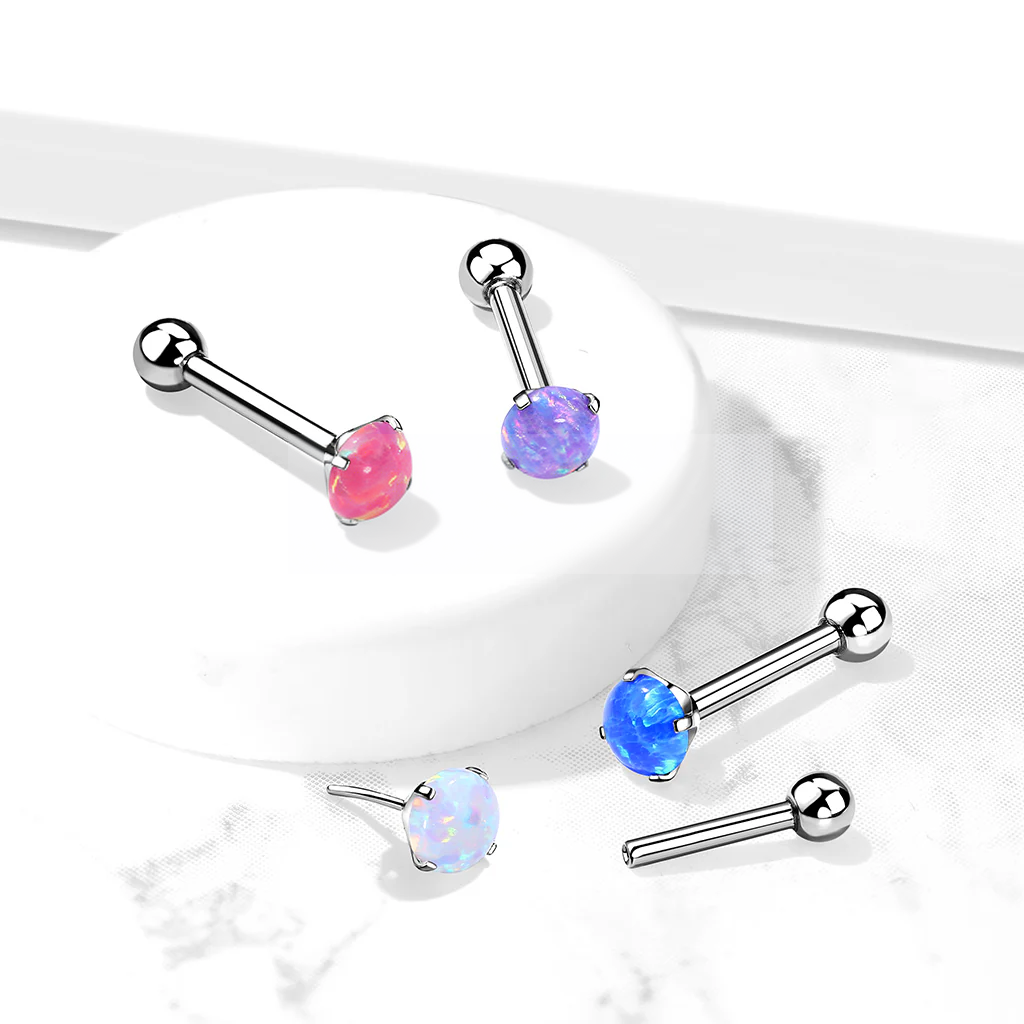 Implant Grade Titanium Threadless Push In Cartilage Barbell With Prong Set Opal Top