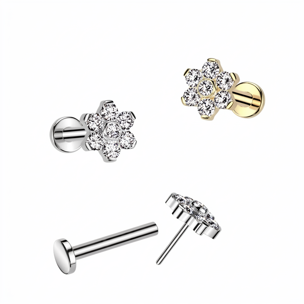 Implant Grade Titanium Threadless Push In Labret With CZ Flower Top and Bezel Set Center and Prong Set Petals