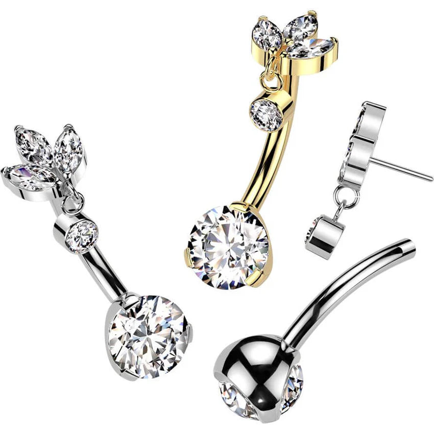 Implant Grade Titanium Threadless Push In Prong Set Bottom With 3 Marquise CZ and Round Bezel Set CZ Dangle Top