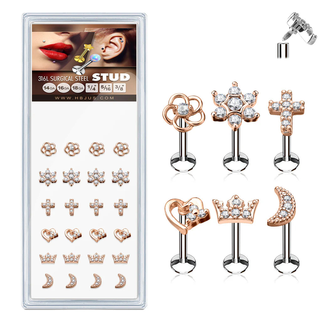 Internally Theaded Styles RoseGold Plated Top 316L Surgical Steel Stud Pack for Labret, Lip, Monroe and Ear Cartilage