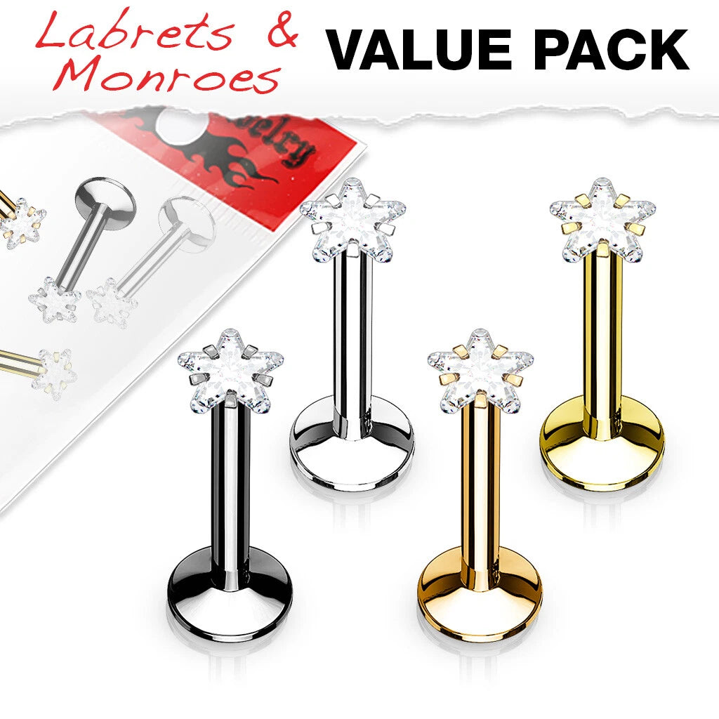 Internally Threaded Star Prong Top Gem Labret Monroe Titanium IP Over 316L Surgical Steel