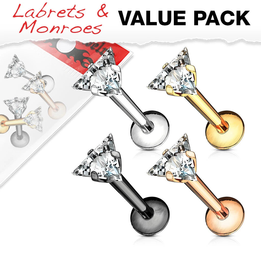 Internally Threaded Triangle CZ Prong Set 316L Surgical Steel Labret, Flat Back Studs