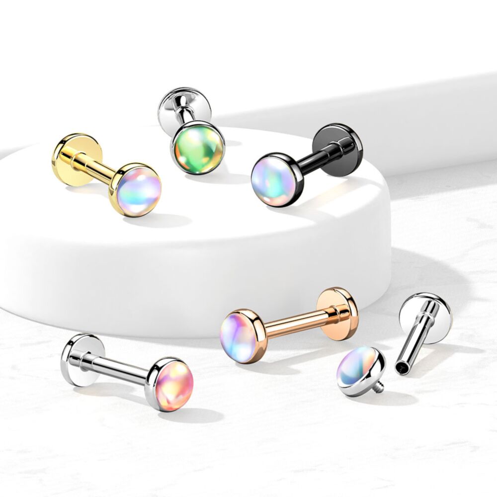 Iridescent Stone Top on Internally Threaded 316L Surgical Steel Flat...
