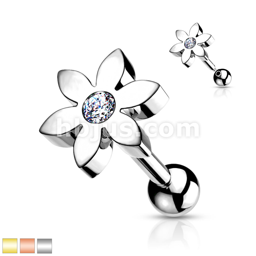 Flower with CZ Solitaire 316L Surgical Steel Cartilage, Tragus Barbell... - Image 2