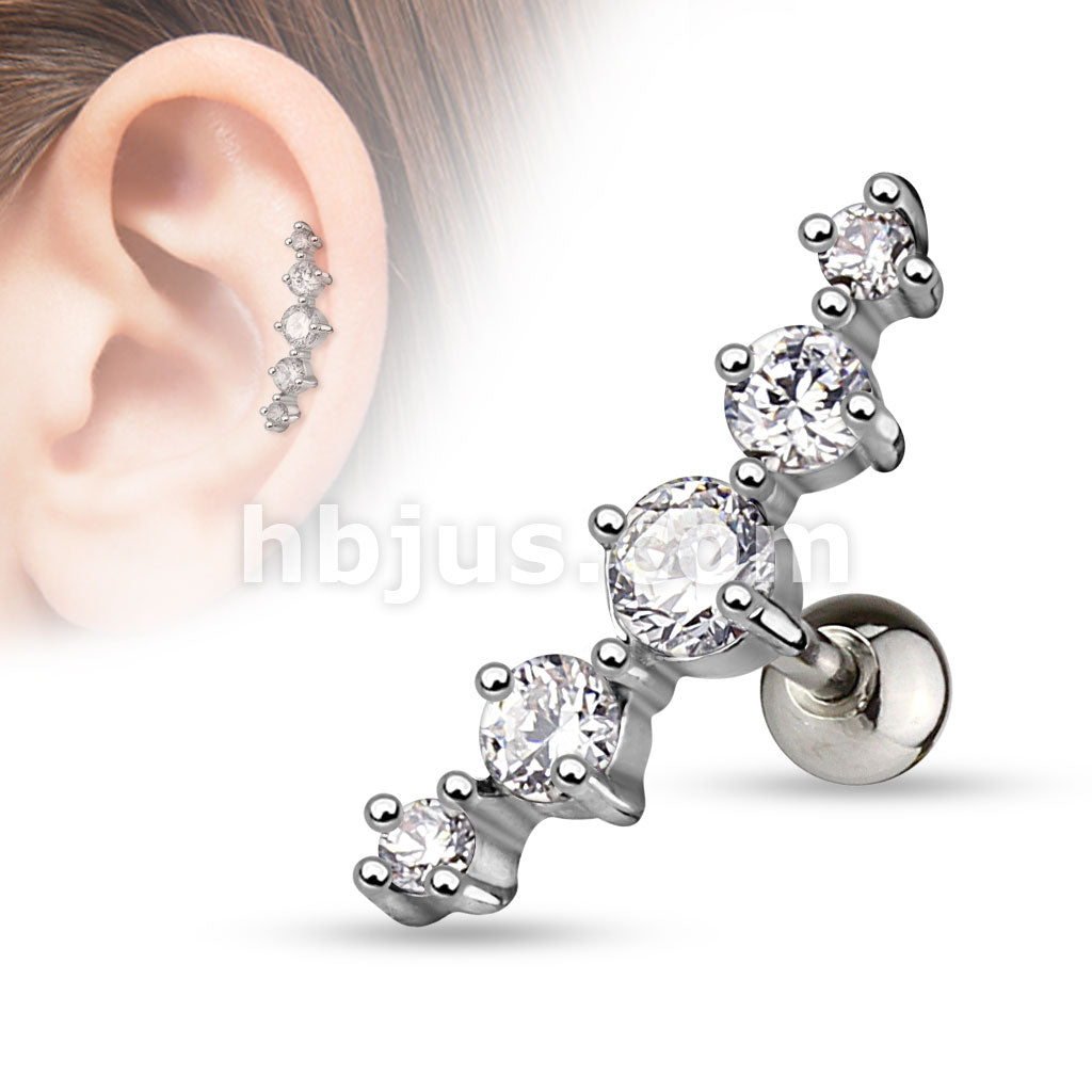 Journey Curve 5 Gems Tragus/Cartilage Piercing Stud 316L Surgical Steel - Image 2