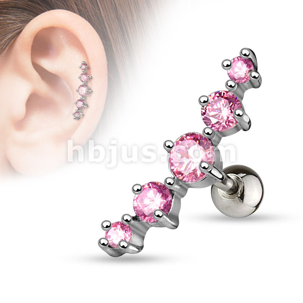 Journey Curve 5 Gems Tragus/Cartilage Piercing Stud 316L Surgical Steel - Image 3