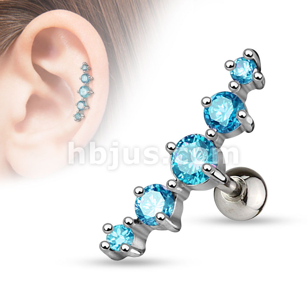Journey Curve 5 Gems Tragus/Cartilage Piercing Stud 316L Surgical Steel - Image 4