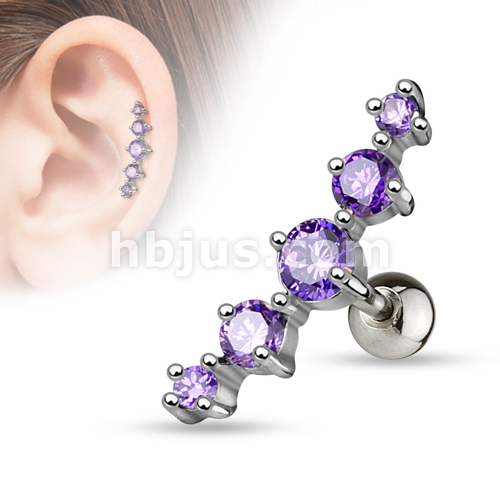 Journey Curve 5 Gems Tragus/Cartilage Piercing Stud 316L Surgical Steel - Image 5