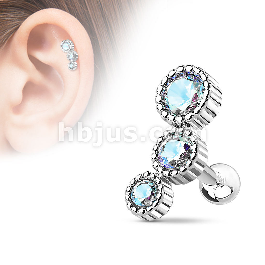 316L Surgical Steel 3 Round CZ Set 316L Surgical Steel Cartilage/Tragus Bar - Image 2