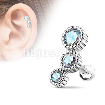 316L Surgical Steel 3 Round CZ Set 316L Surgical Steel Cartilage/Tragus Bar - Image 2