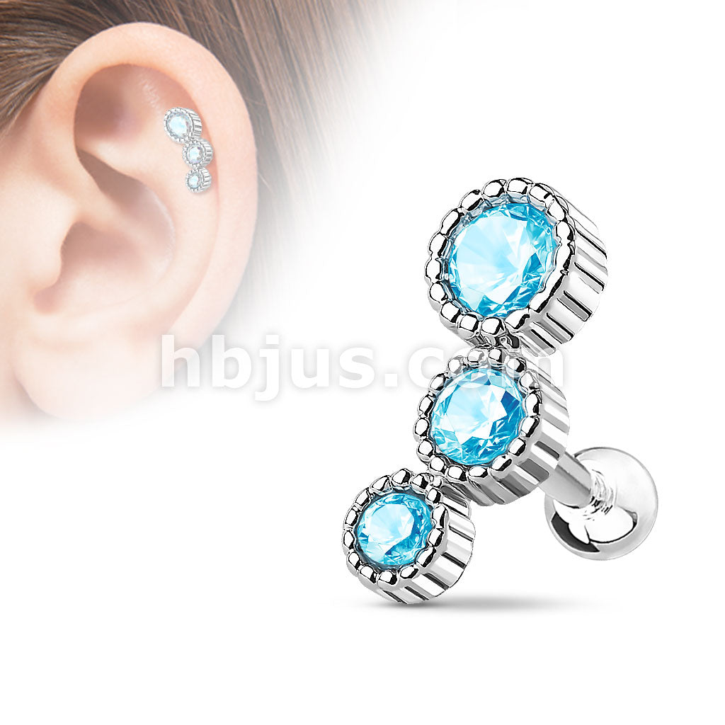 316L Surgical Steel 3 Round CZ Set 316L Surgical Steel Cartilage/Tragus Bar - Image 6