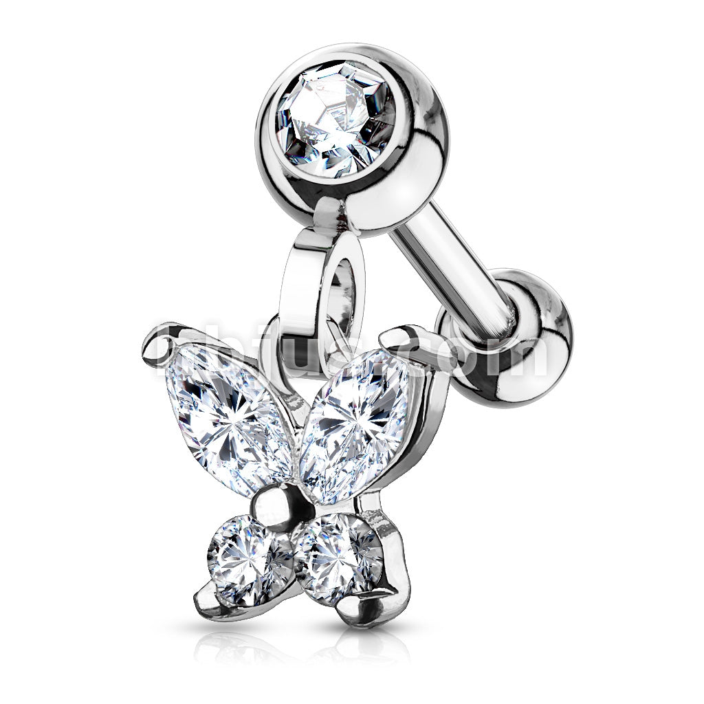 316L Surgical Steel CZ Butterfly Dangle Jeweled Set Ball 316L Surgical... - Image 2