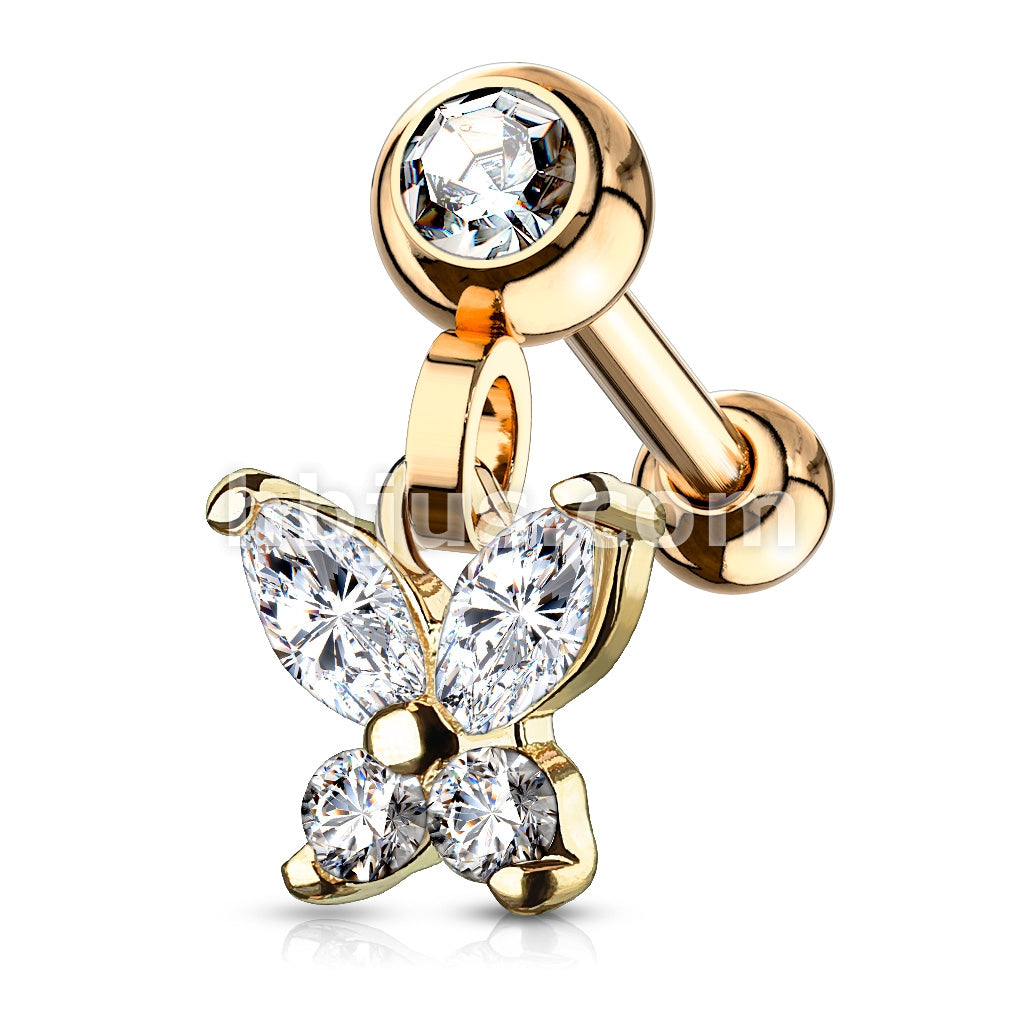 316L Surgical Steel CZ Butterfly Dangle Jeweled Set Ball 316L Surgical... - Image 4