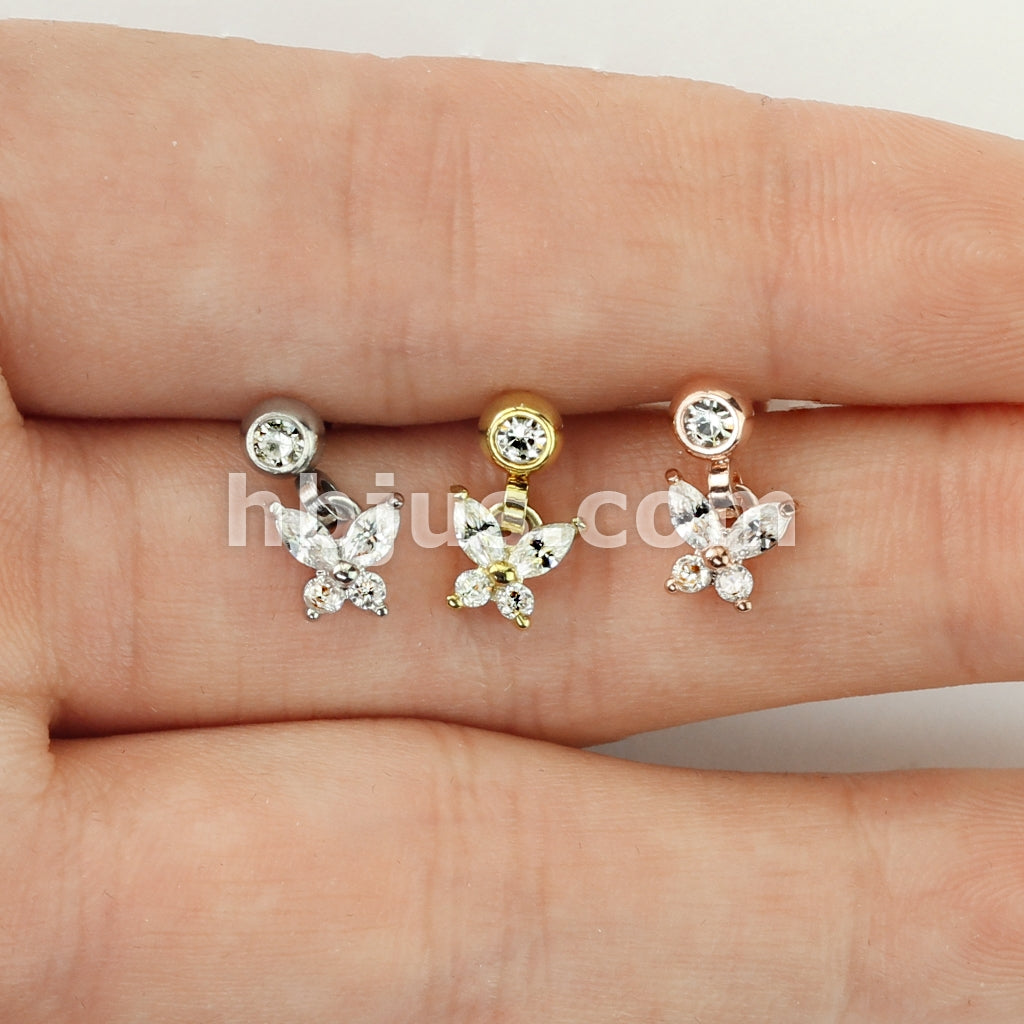 316L Surgical Steel CZ Butterfly Dangle Jeweled Set Ball 316L Surgical... - Image 7