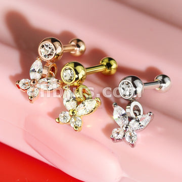 316L Surgical Steel CZ Butterfly Dangle Jeweled Set Ball 316L Surgical... - Image 8